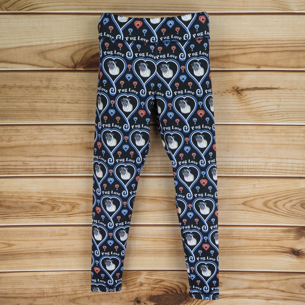 Max & Molly Leggings Womens Size‎ M Black Hearts Pugs Love Stretch Elastic Waist